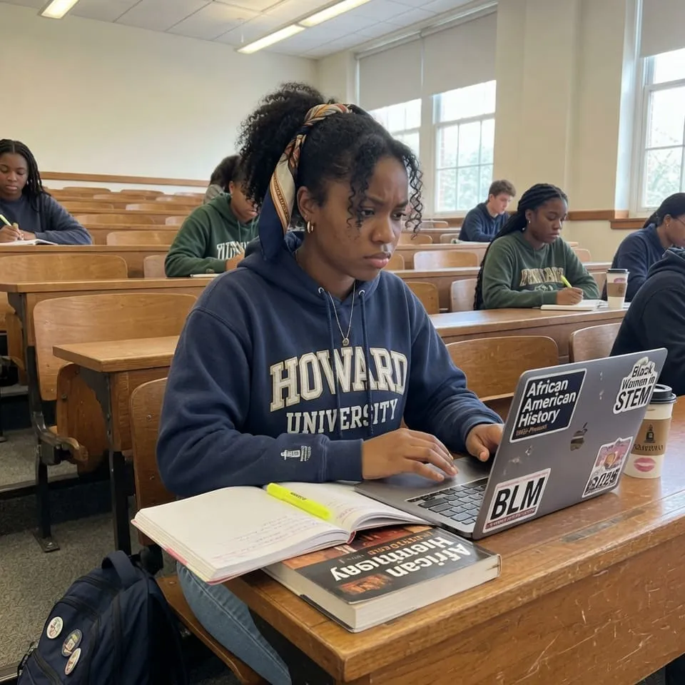 Realistic photo of a 21-year-old Black woman with curly hair in a university hoodie — source before AI for passport photo